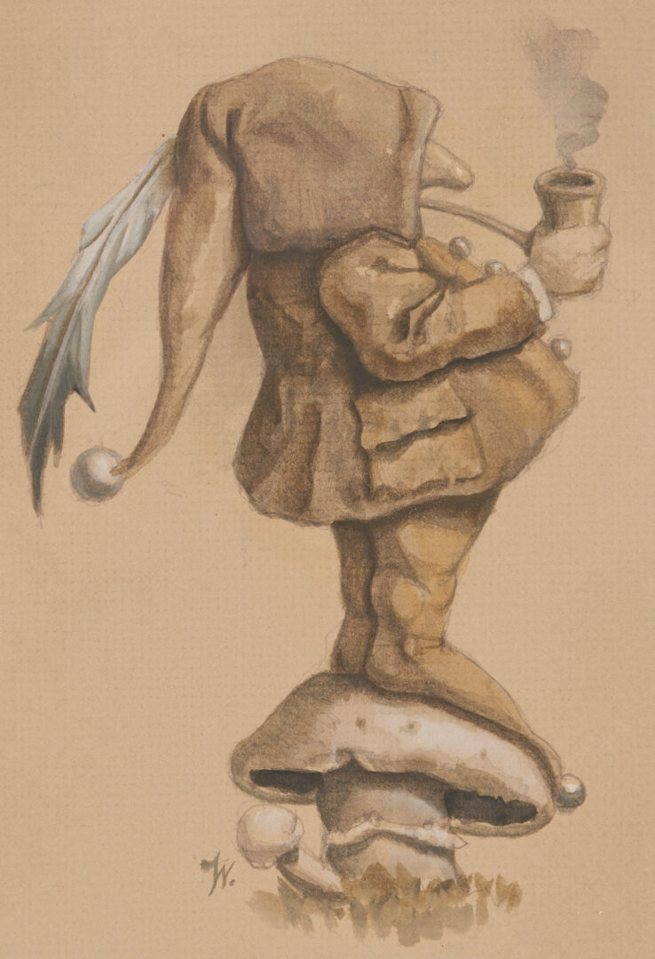 Lot 443: 3 Werner Wildner Artworks, incl. Gnome, Owl, Mushrooms