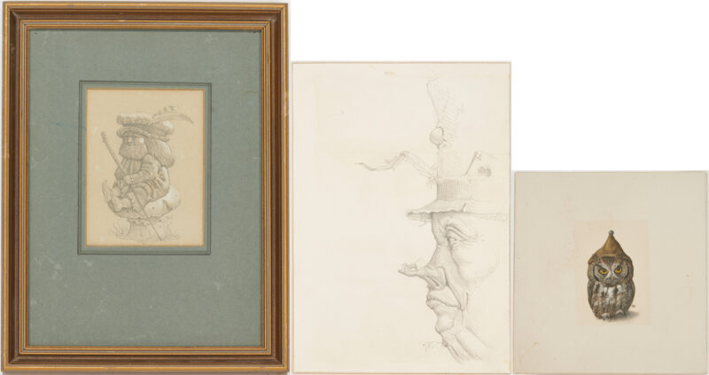 Lot 444: 3 Werner Wildner Artworks on Paper, incl. Gnome, Owl, Male Profile