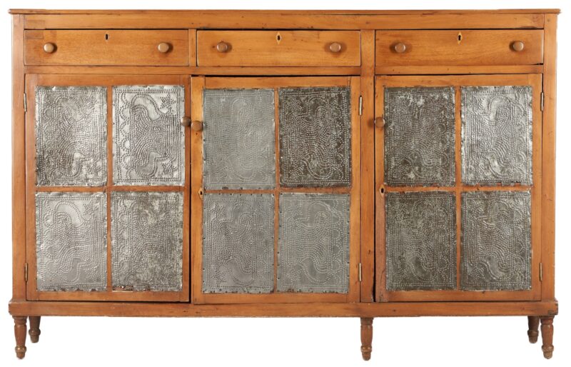 Lot 451: East TN Walnut 3-Door Sideboard Pie Safe w/ Punched Urn Tins