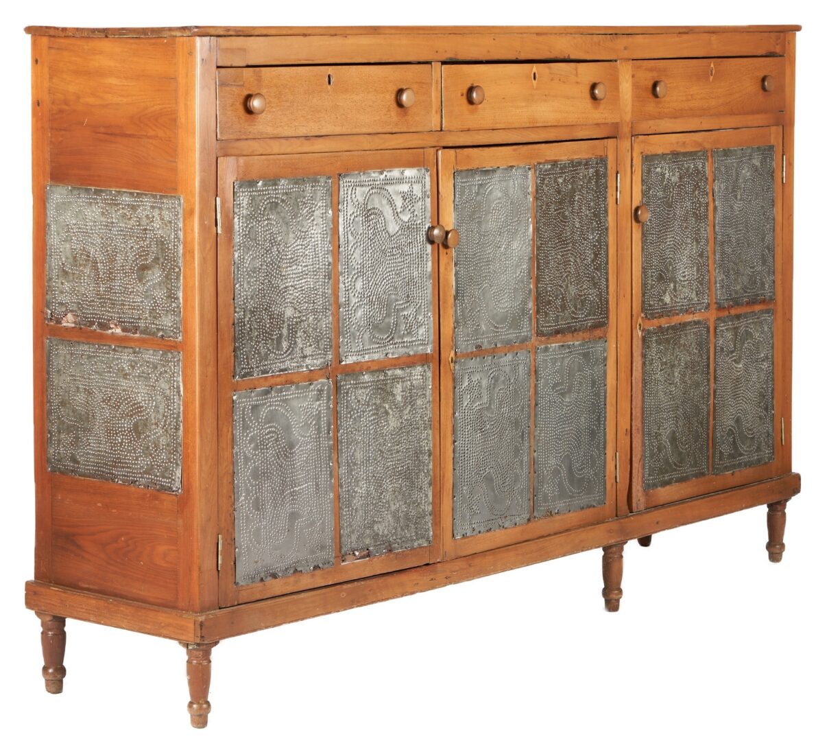 Lot 451: East TN Walnut 3-Door Sideboard Pie Safe w/ Punched Urn Tins