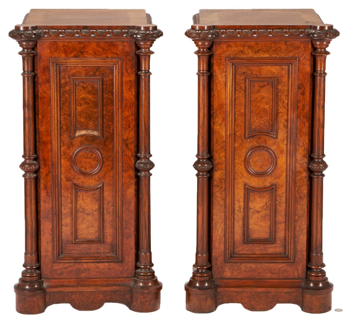 Lot 472: Pair of Continental Renaissance Revival Burlwood Pedestals