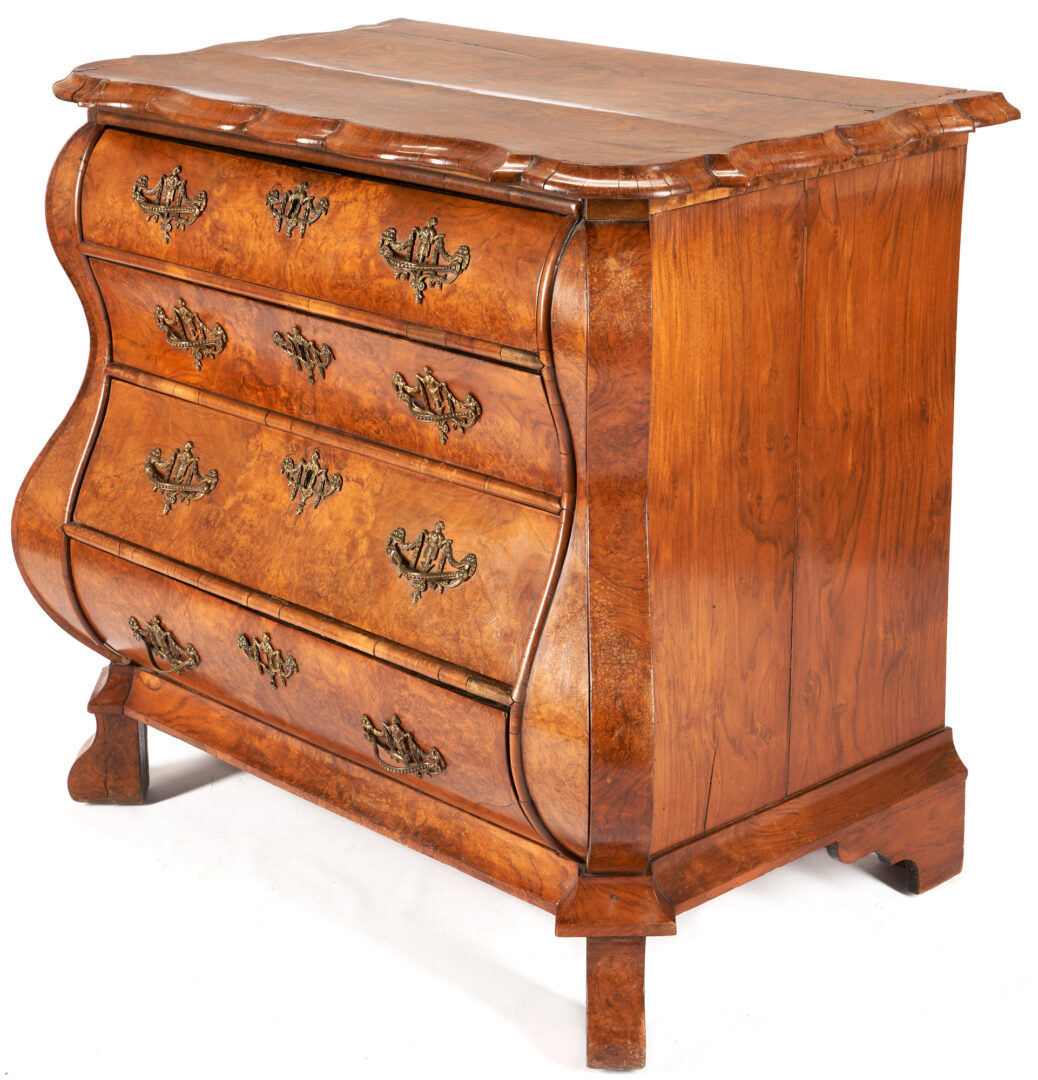 Lot 476: Continental Burlwood Bombe Chest of Drawers