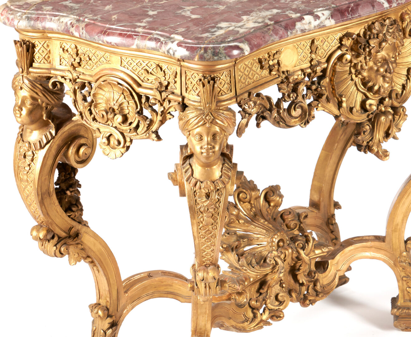 Lot 477: Baroque Style Marble Topped Giltwood Figural Console Table