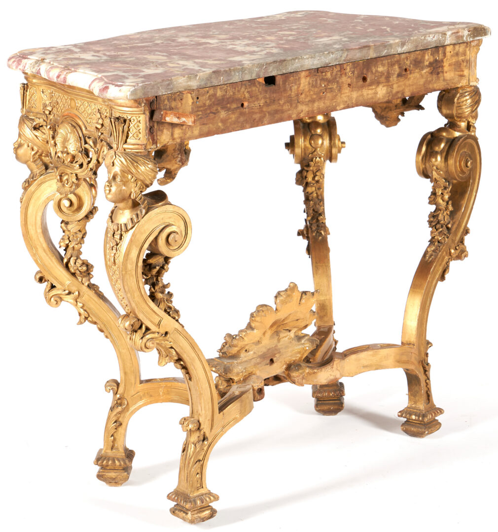 Lot 477: Baroque Style Marble Topped Giltwood Figural Console Table