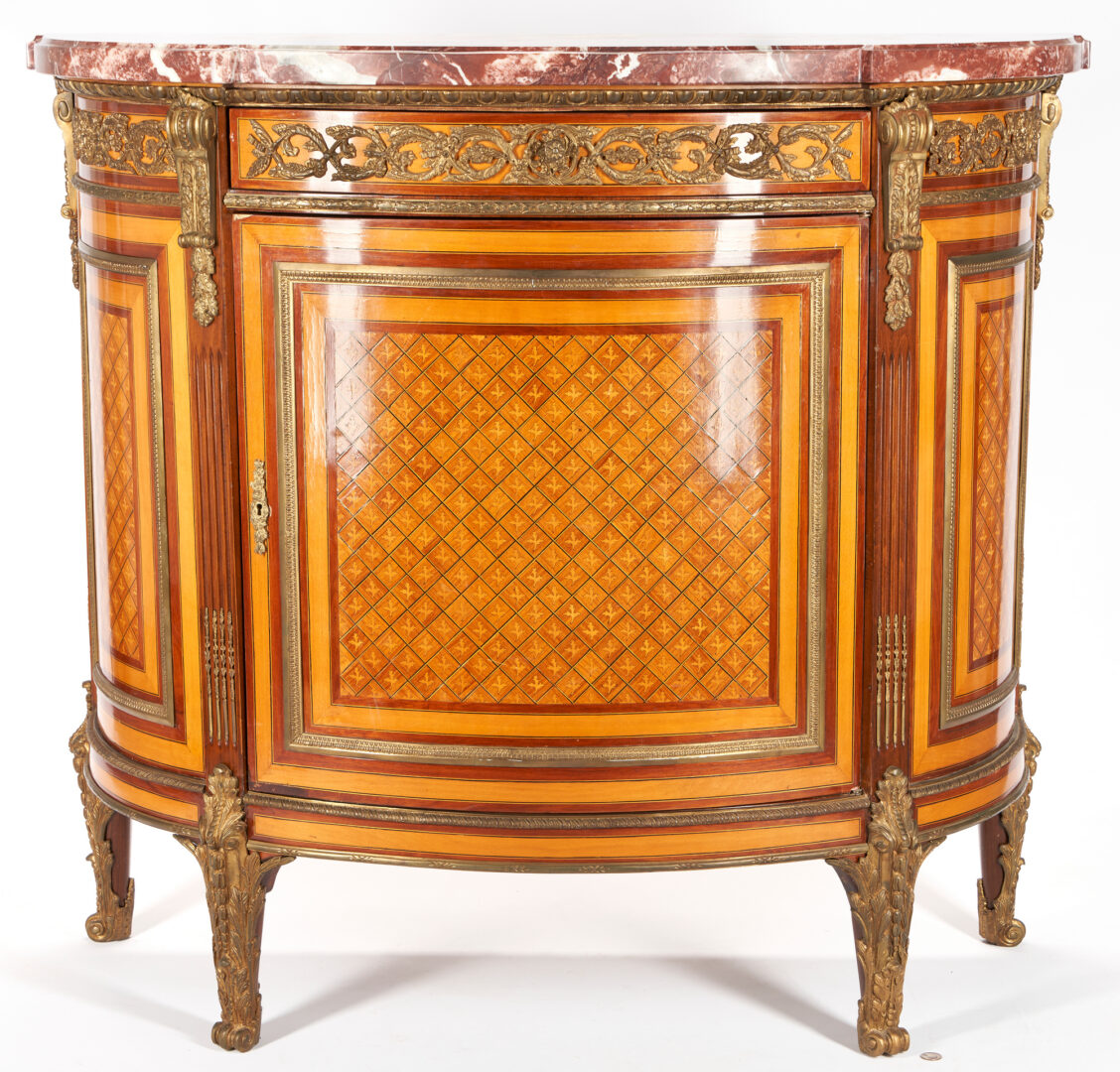 Lot 479: French Marquetry & Bronze Mounted Cabinet with Rouge Marble Top