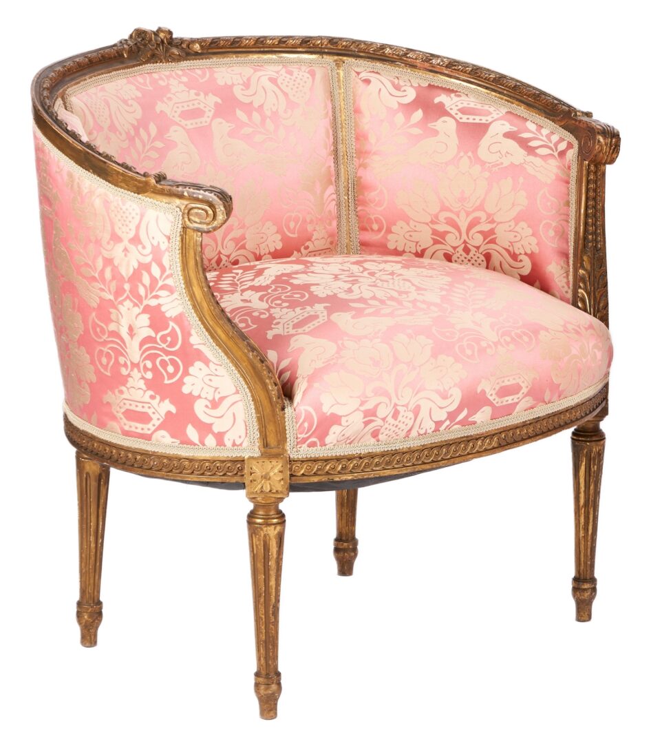 Lot 480: Pair French Louis XVI Style Giltwood Tub Style Armchairs