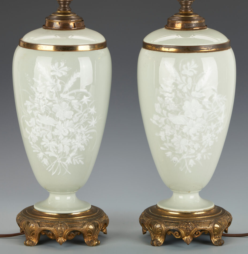 Lot 486: Pr. Pate-Sur-Pate Gilt Mounted Celadon Porcelain Lamps