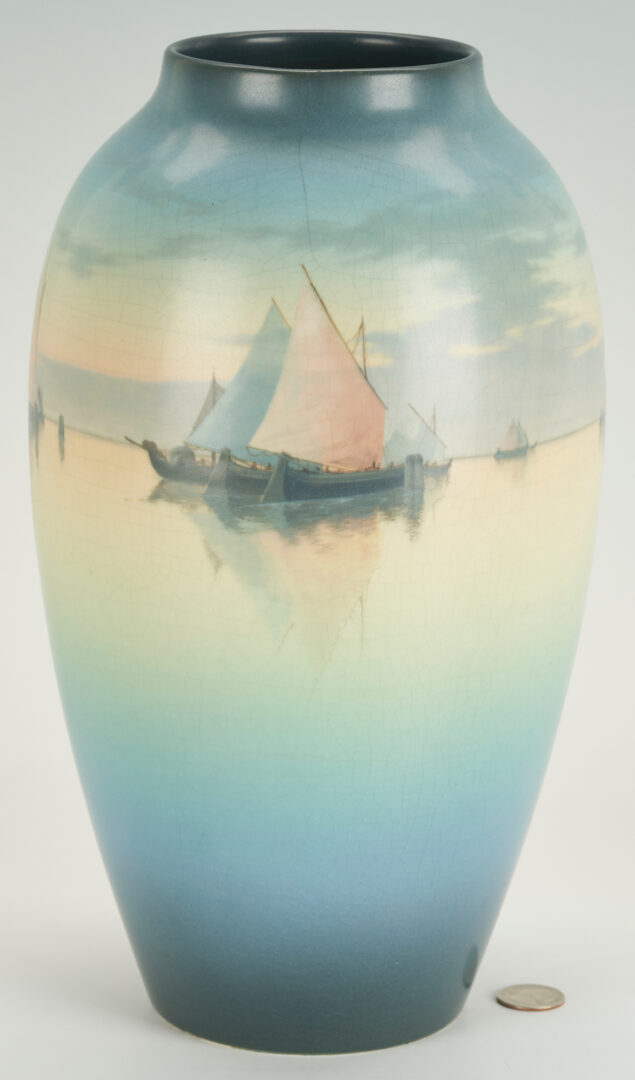 Lot 499: Carl Schmidt 13" Rookwood Vase, Marine Harbor Scene