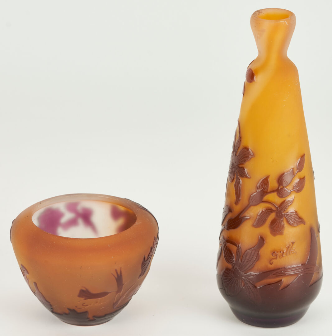 Lot 519: 2 Miniature Galle Cameo Glass Vases, Orchid Design