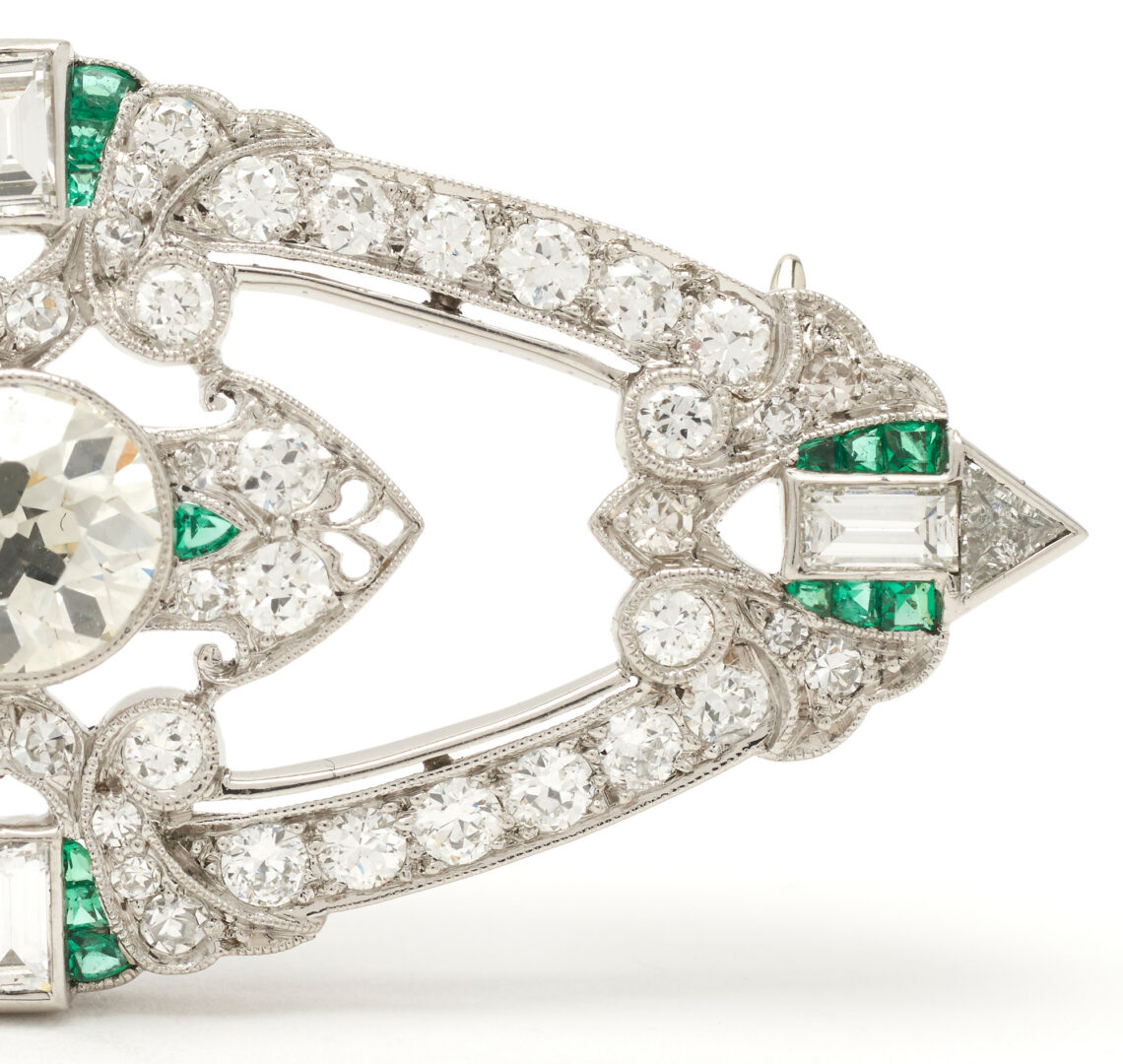 Lot 51: 14K Art Deco Diamond & Emerald Brooch