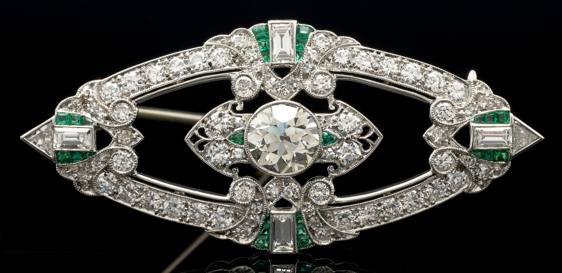 Lot 51: 14K Art Deco Diamond & Emerald Brooch