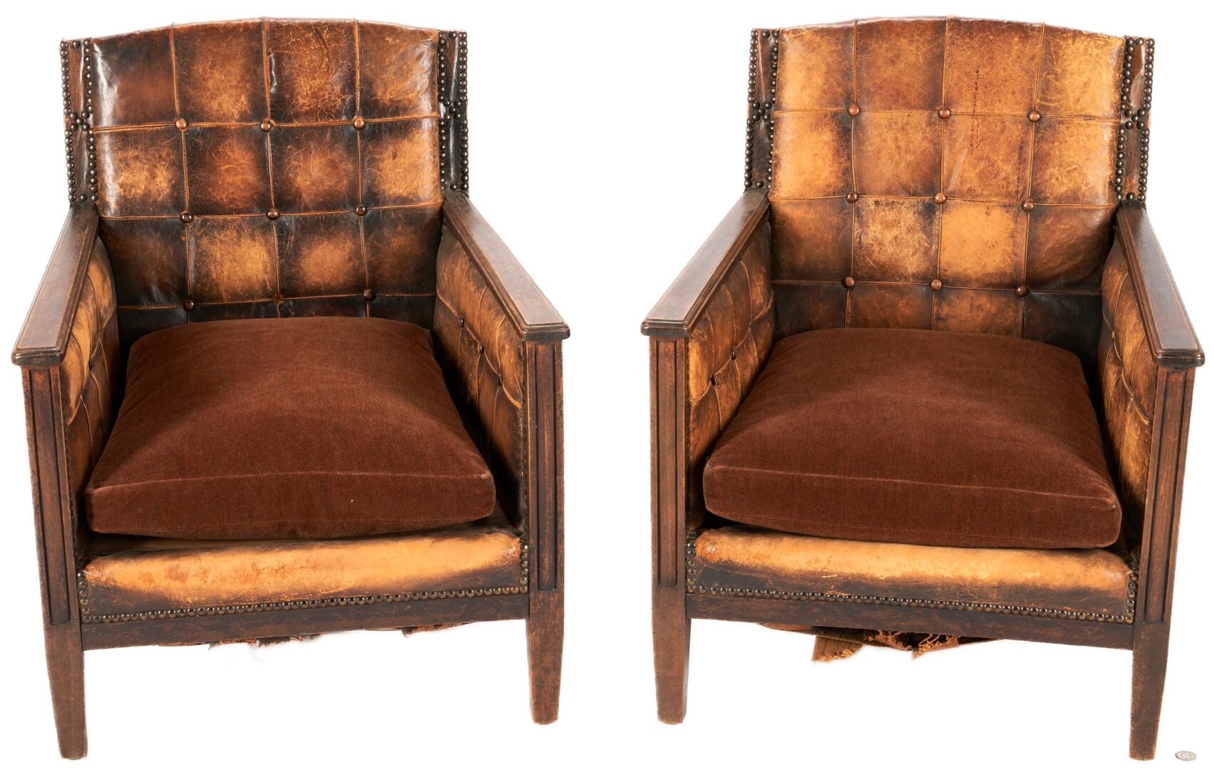 Lot 529: Pair Continental Art Deco Brown Leather Club Chairs