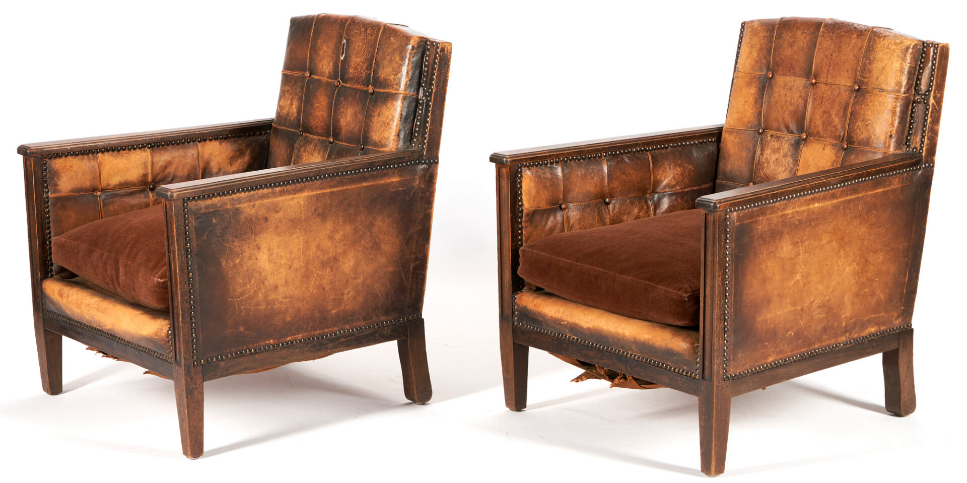 Lot 529: Pair Continental Art Deco Brown Leather Club Chairs