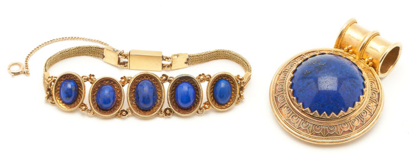 Lot 52: Two 22K Gold & Lapis Victorian Etruscan Pieces, Bracelet and Pendant, attrib. Castellani