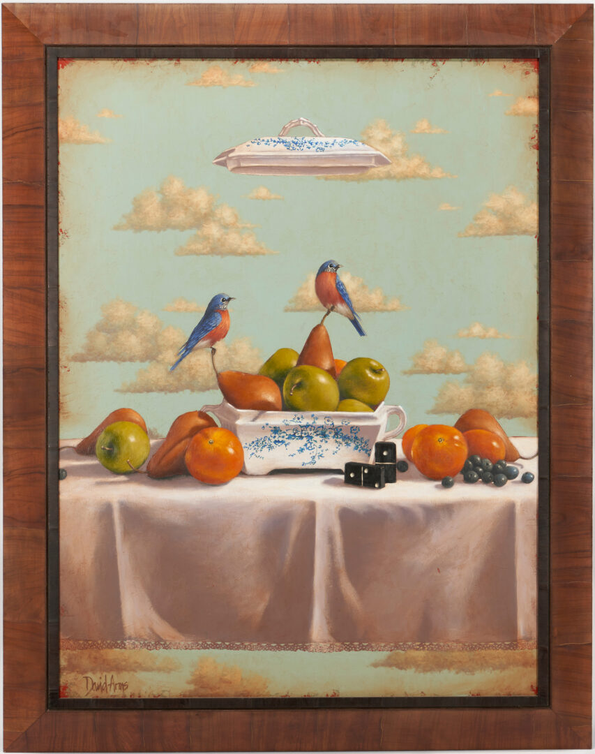 Lot 567: David Arms O/C Surrealist Still Life w/ Birds, Hand of God