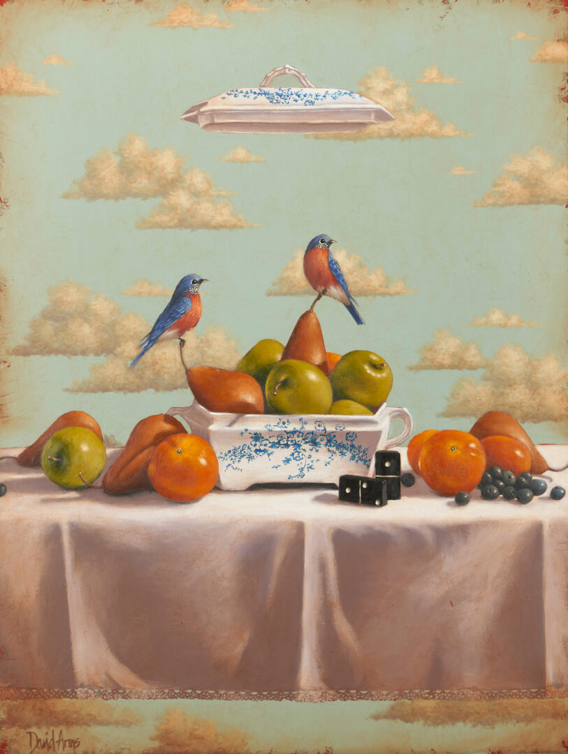 Lot 567: David Arms O/C Surrealist Still Life w/ Birds, Hand of God