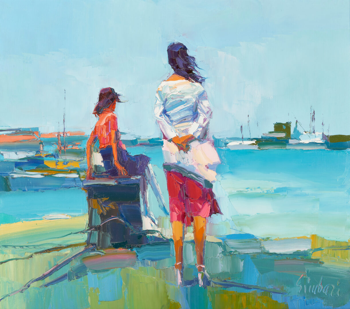 Lot 568: Nicola Simbari O/C Harbor Scene Painting w/ Figures, Terere