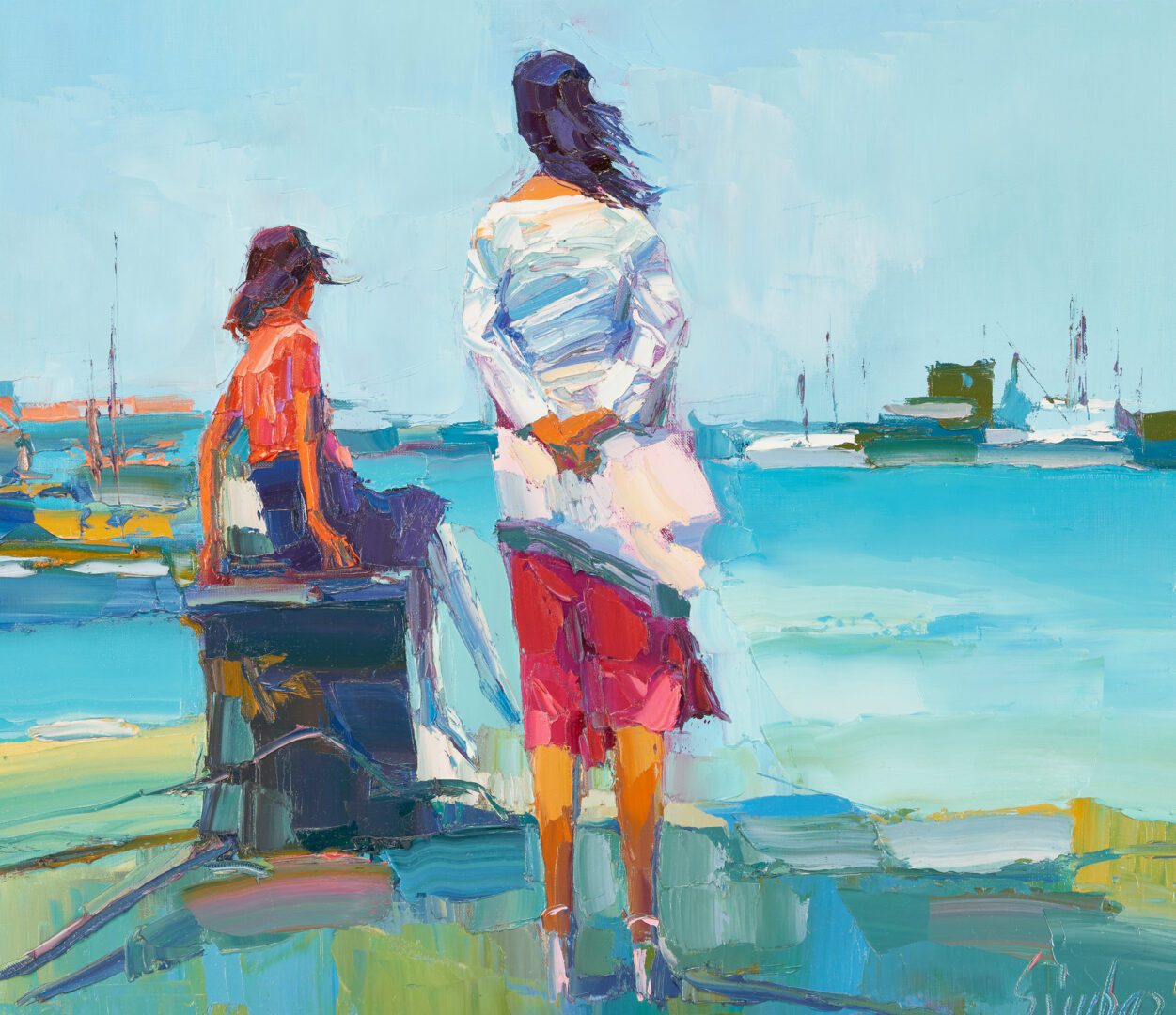 Lot 568: Nicola Simbari O/C Harbor Scene Painting w/ Figures, Terere
