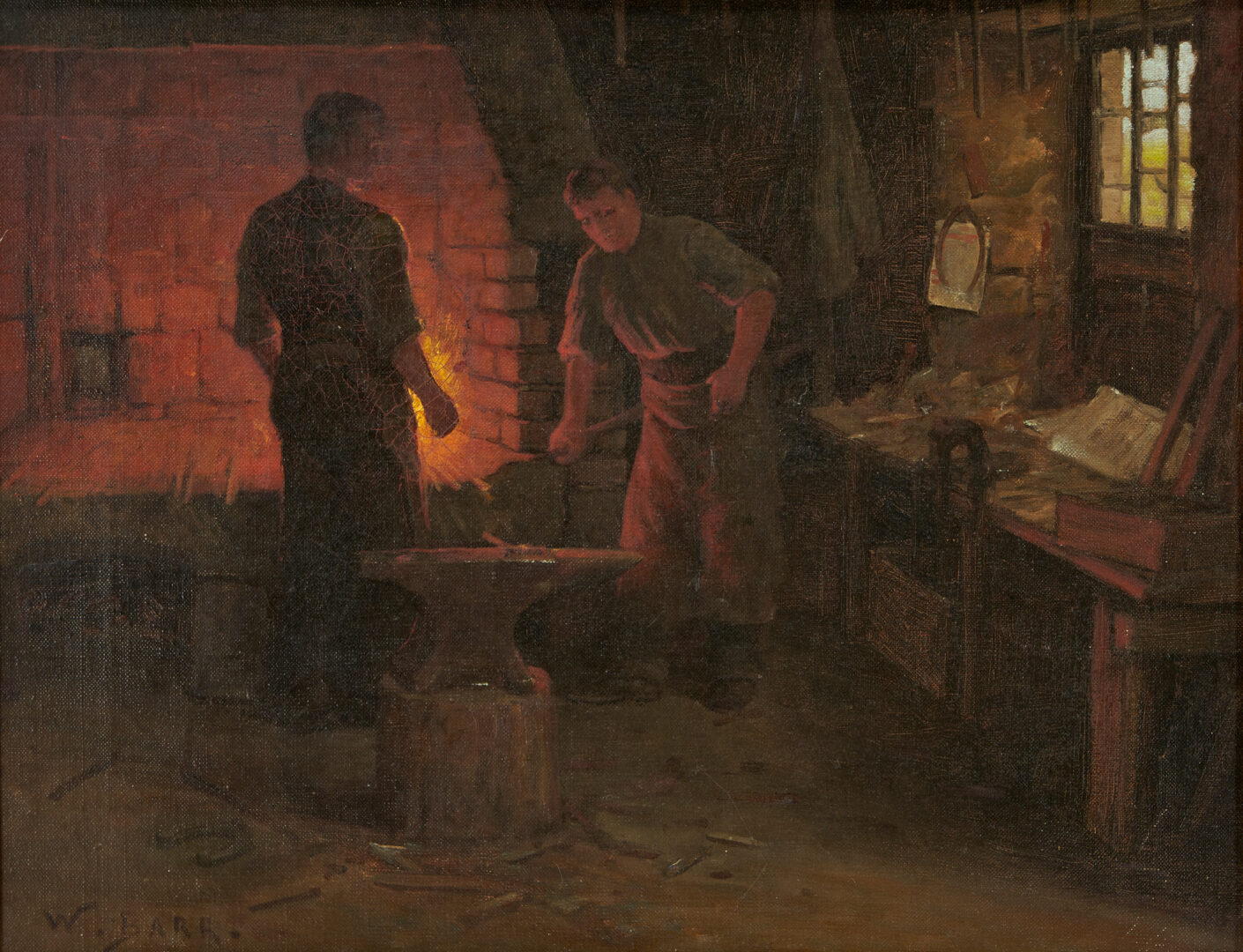 Lot 589: Exhibited William Barr O/C Painting, Blacksmith at Monterey