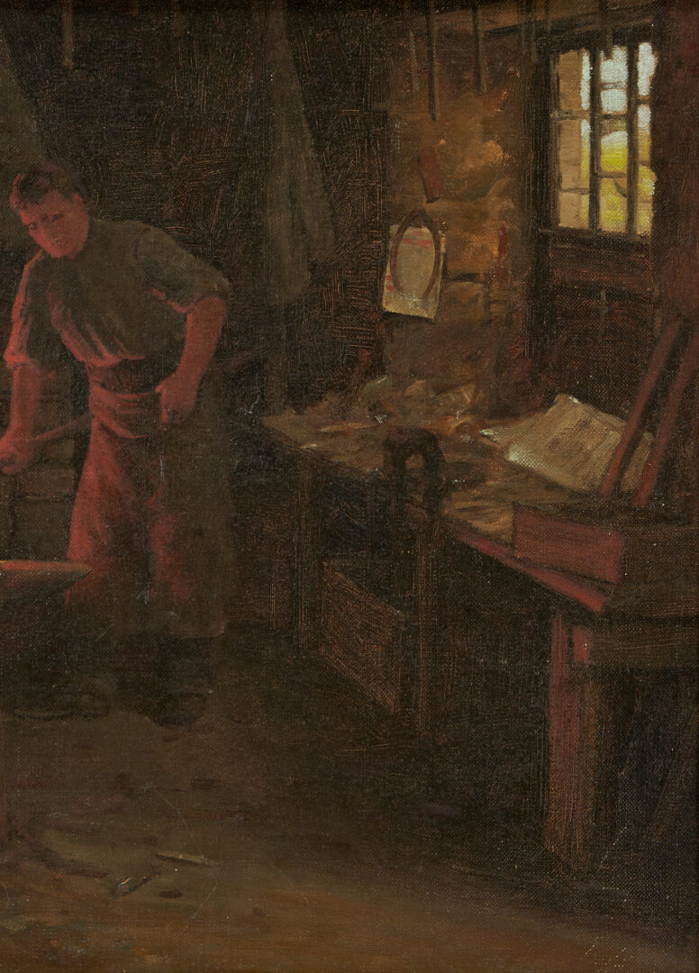 Lot 589: Exhibited William Barr O/C Painting, Blacksmith at Monterey