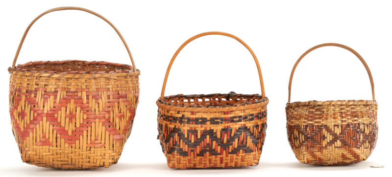 Lot 607: 3 Native American Cherokee Rivercane Baskets w/ Handles