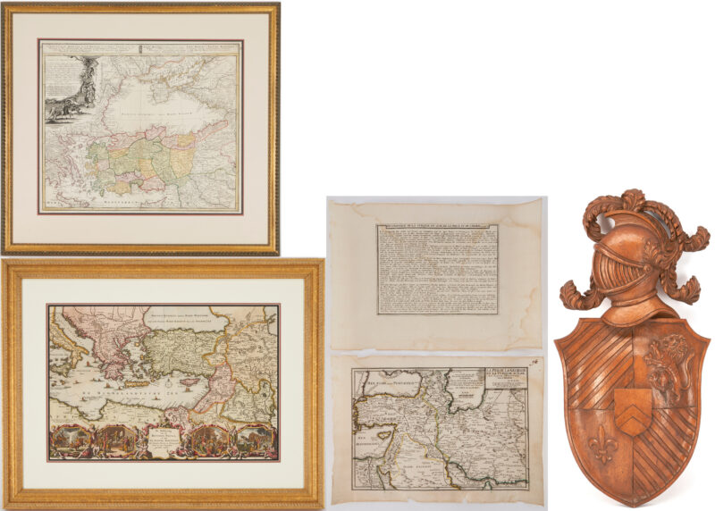 Lot 614: 3 Middle & Near East Maps, plus Text Sheet & Carved Heraldic Wall Plaque, 5 items
