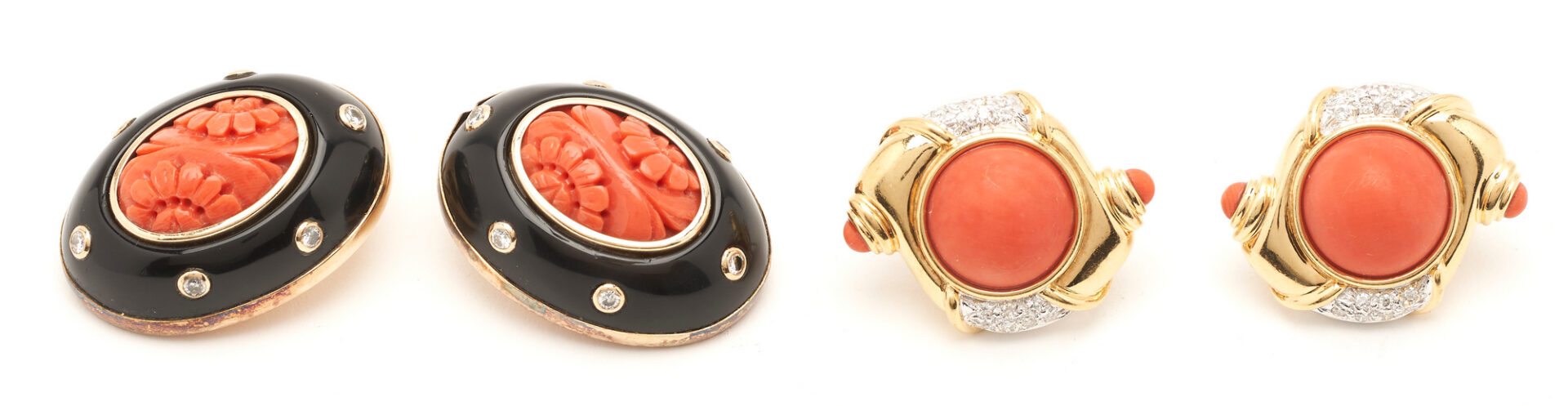 Lot 61: 2 Pairs of Gold, Coral, & Diamond Earrings