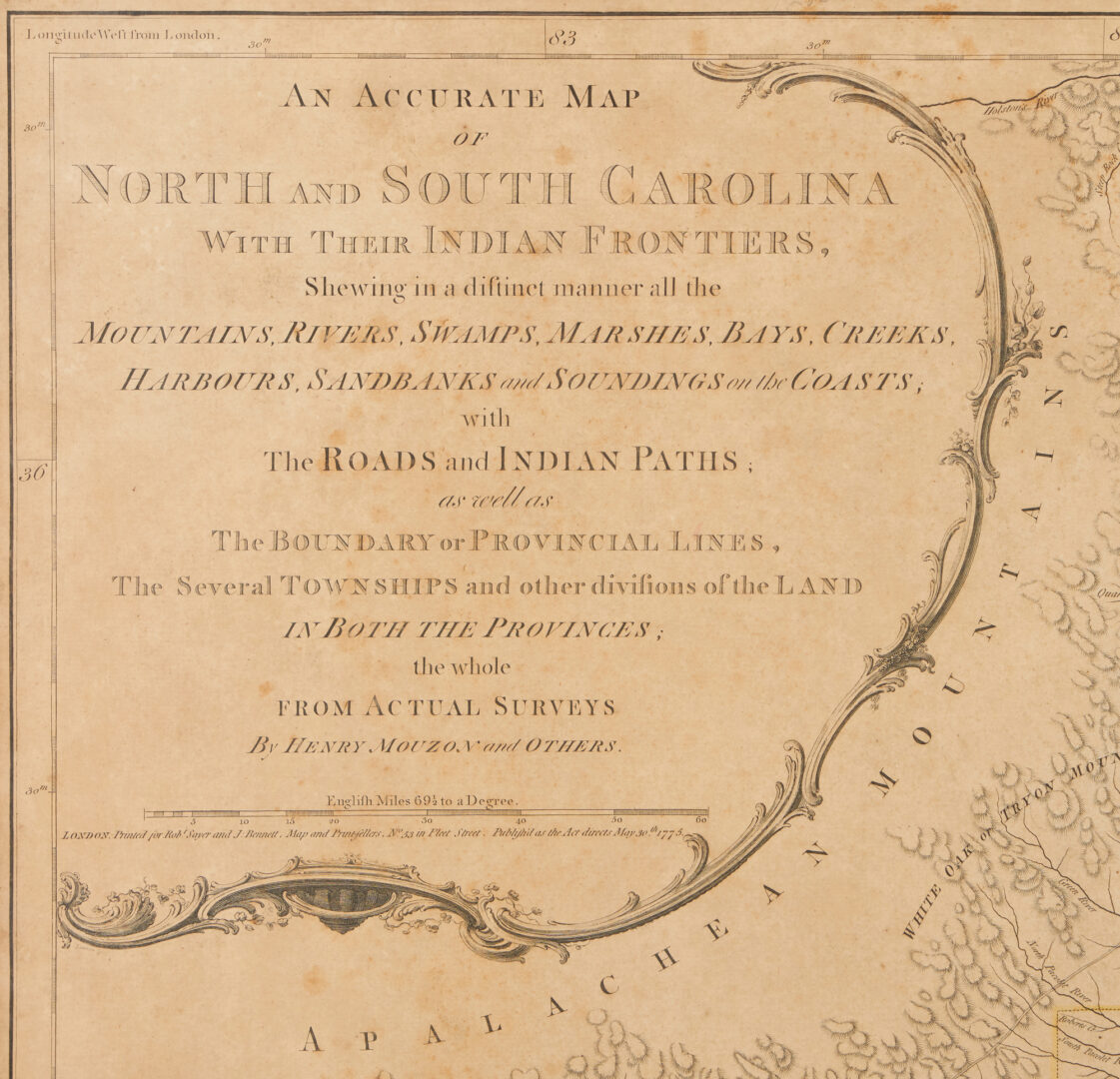 Lot 622: Henry Mouzon 1775 1st State Map of North / South Carolina With Indian Frontiers