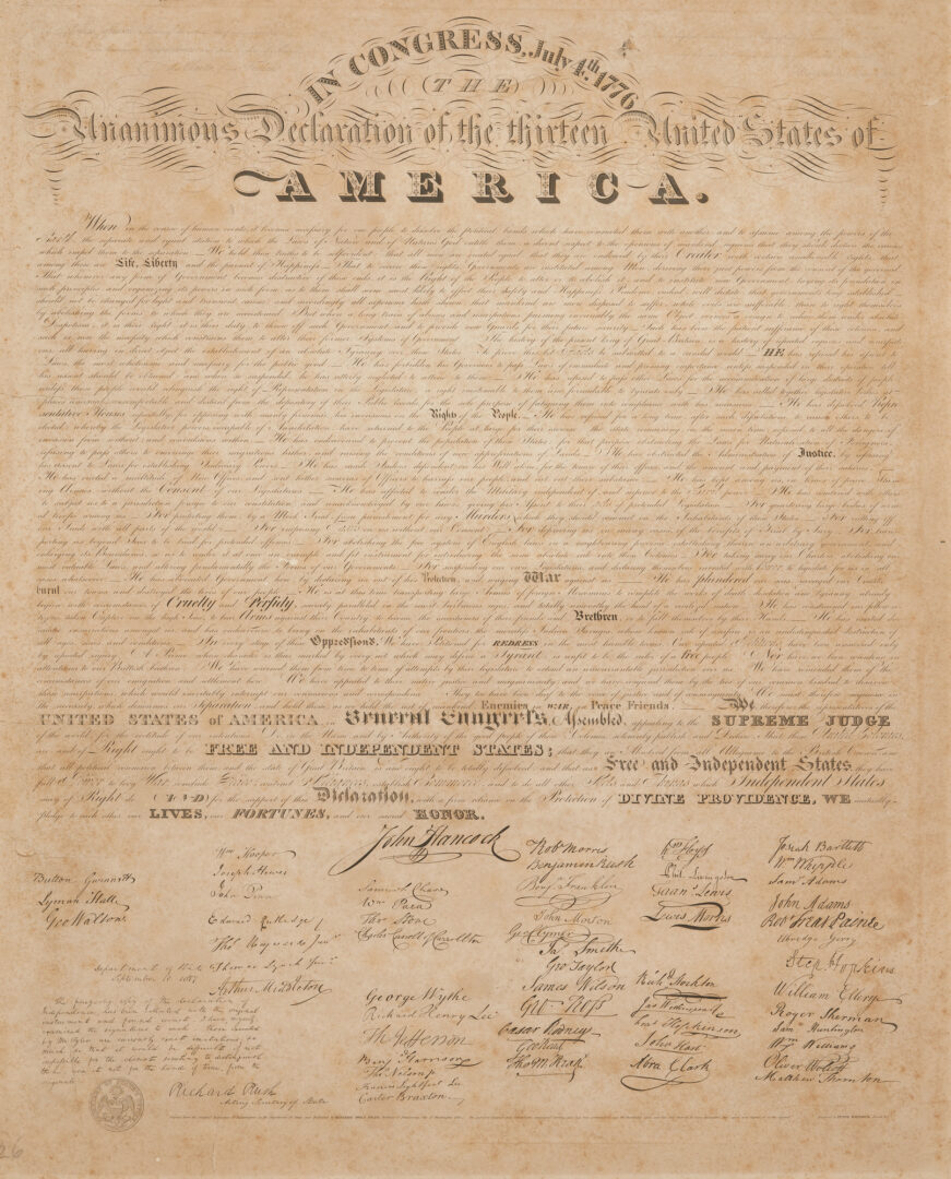 Lot 623: Benjamin Tyler 1818 Copy of the Declaration of Independence