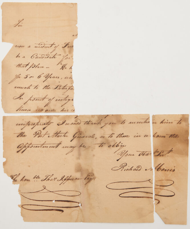 Lot 624: Early American Partial Richard Morris Signed Letter to Thomas Jefferson