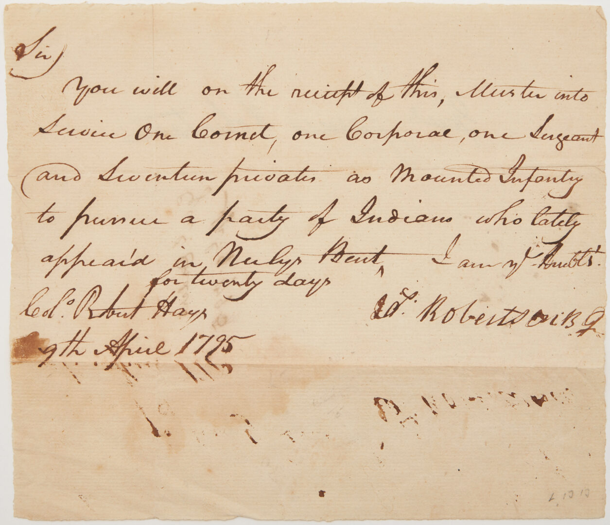 Lot 627: Gen. James Robertson Indian Orders to Col. Robert Hays, 1795