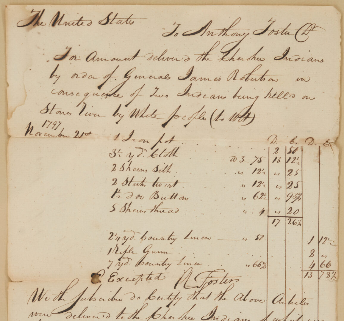 Lot 628: Gen. James Robertson Orders Cherokee Reparations, 1797-98