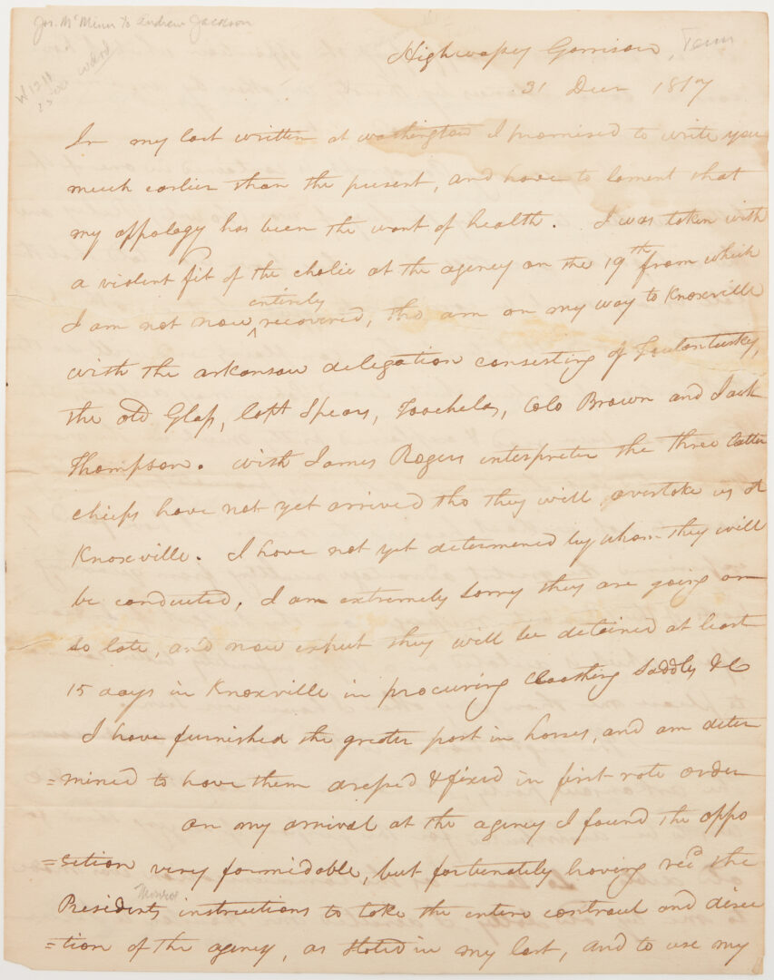 Lot 632: TN Gov. McMinn ALS to Maj. Gen. Andrew Jackson, Cherokee Related, 1817