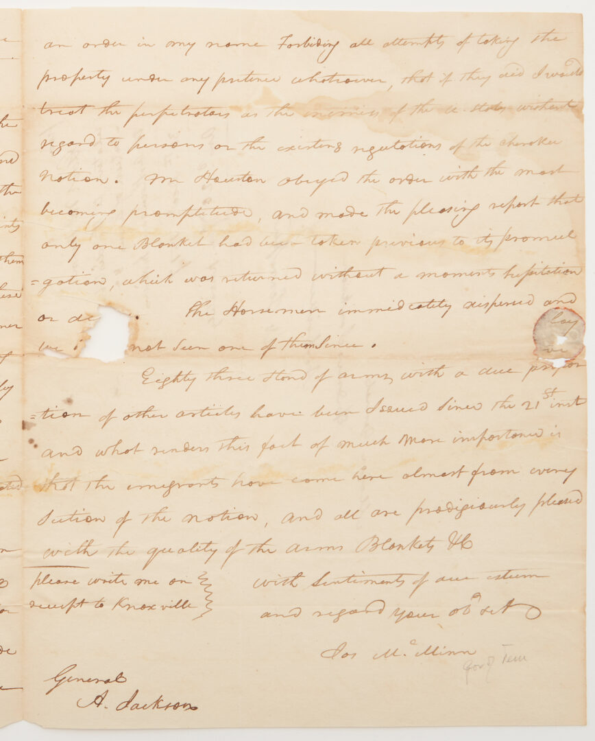 Lot 632: TN Gov. McMinn ALS to Maj. Gen. Andrew Jackson, Cherokee Related, 1817