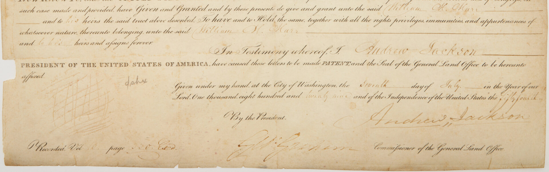 Lot 635: President Andrew Jackson Signed Land Grant to William Marr of AL, 1844