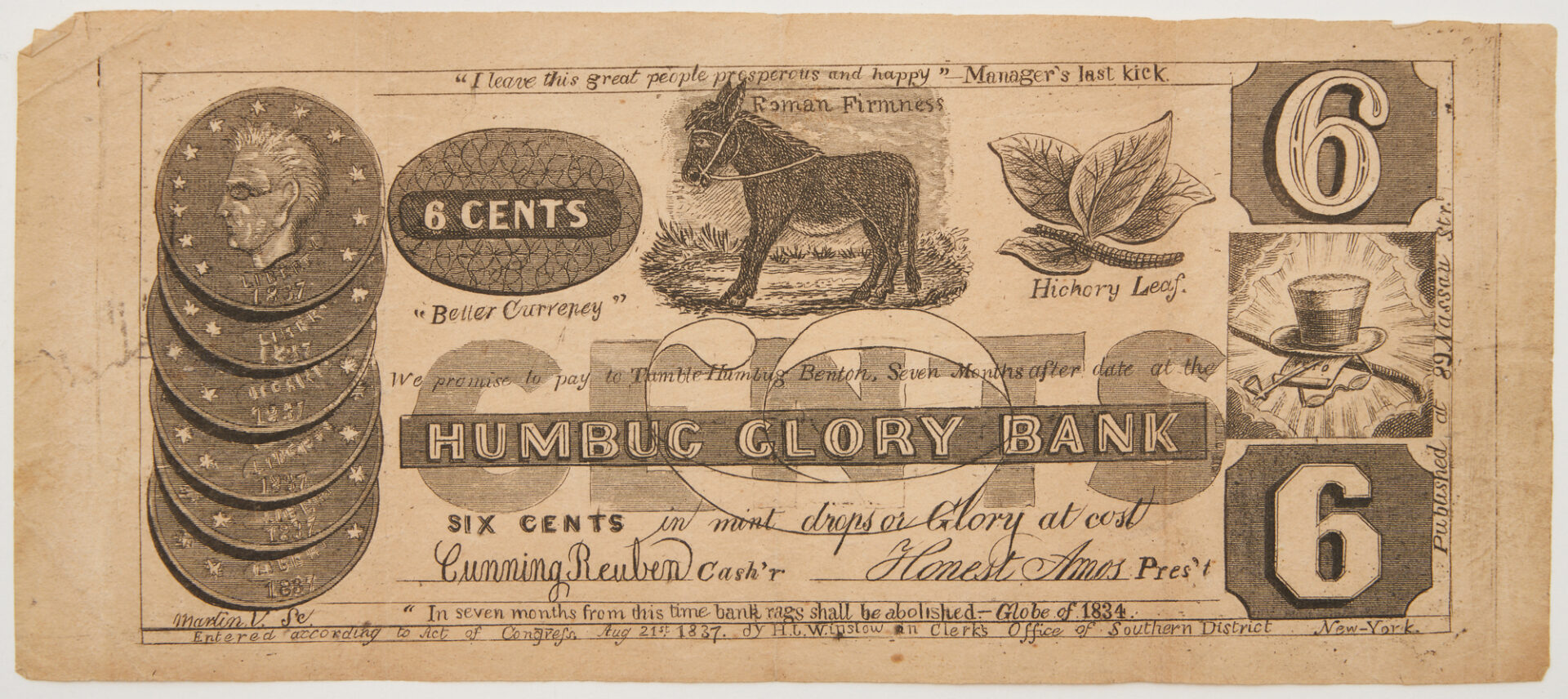 Lot 640: Jacksonian Satirical Humbug Glory Bank Note, Panic of 1837 Related, 2 items