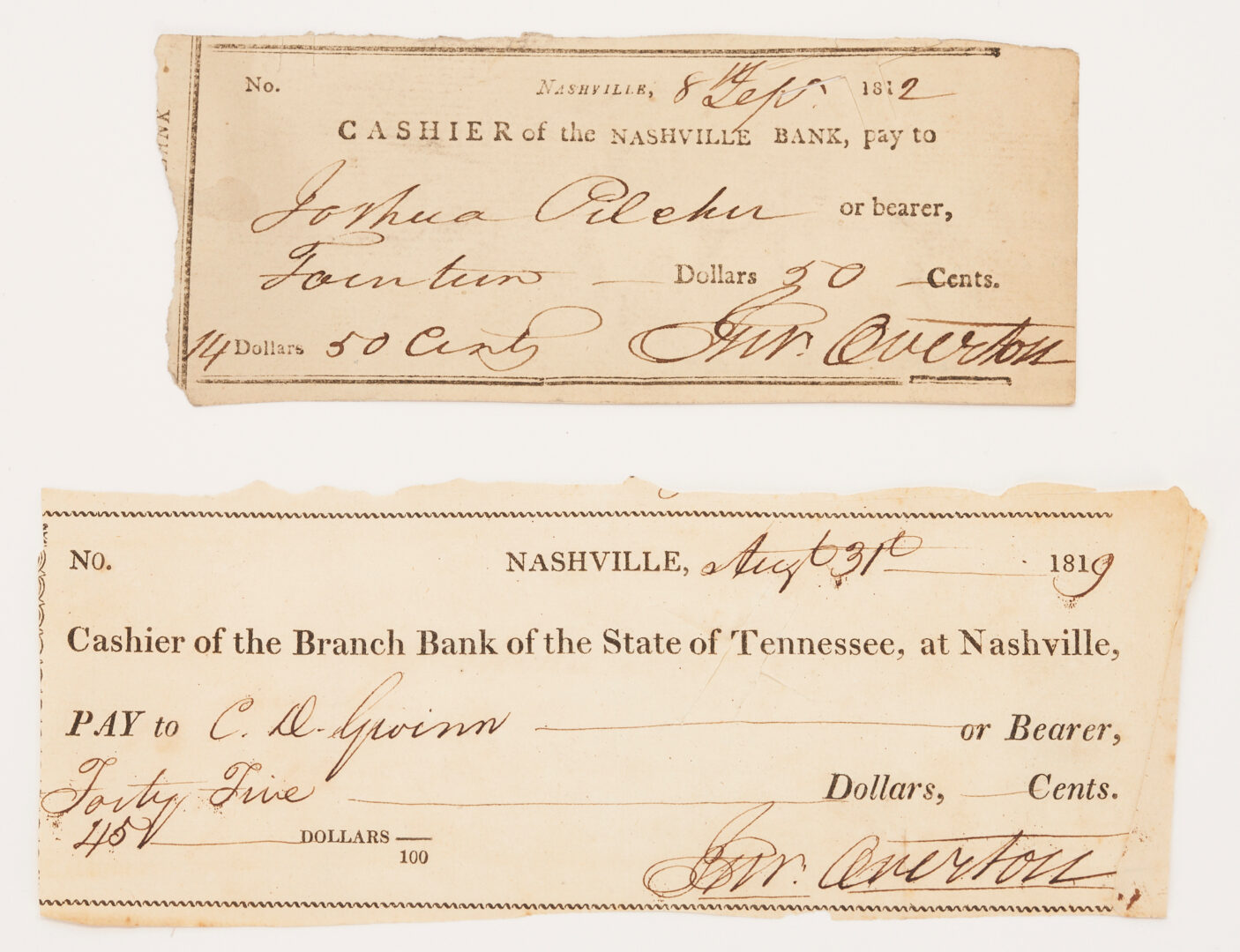 Lot 643: Collection of 28 John Overton Signed Bank Checks, most Nashville, TN, 1810-1821 (29 total)