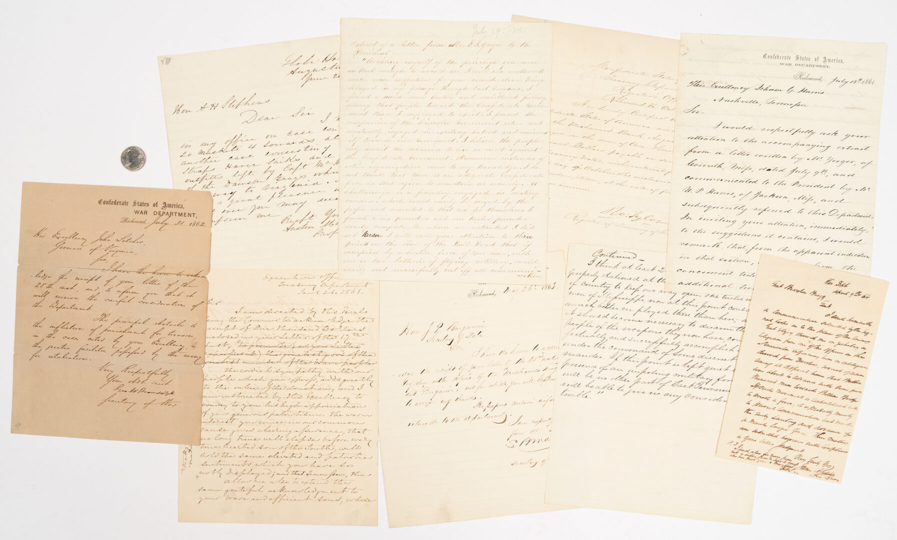 Lot 644: Archive of 8 Civil War CSA Cabinet Member Letters, incl. Seddon, Randolph, Walker, Mallory, Memminger, Stephens, Tyler