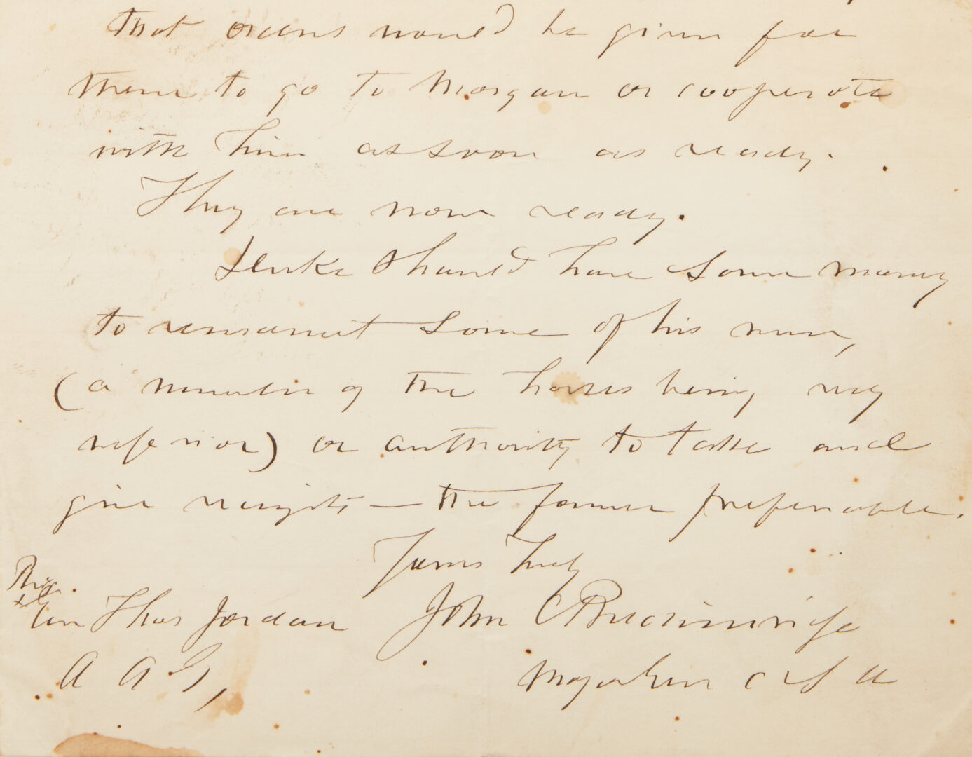 Lot 650: CSA Gen. J. C. Breckinridge Signed Letter to Brig. Gen. Thomas Gordan, 1862