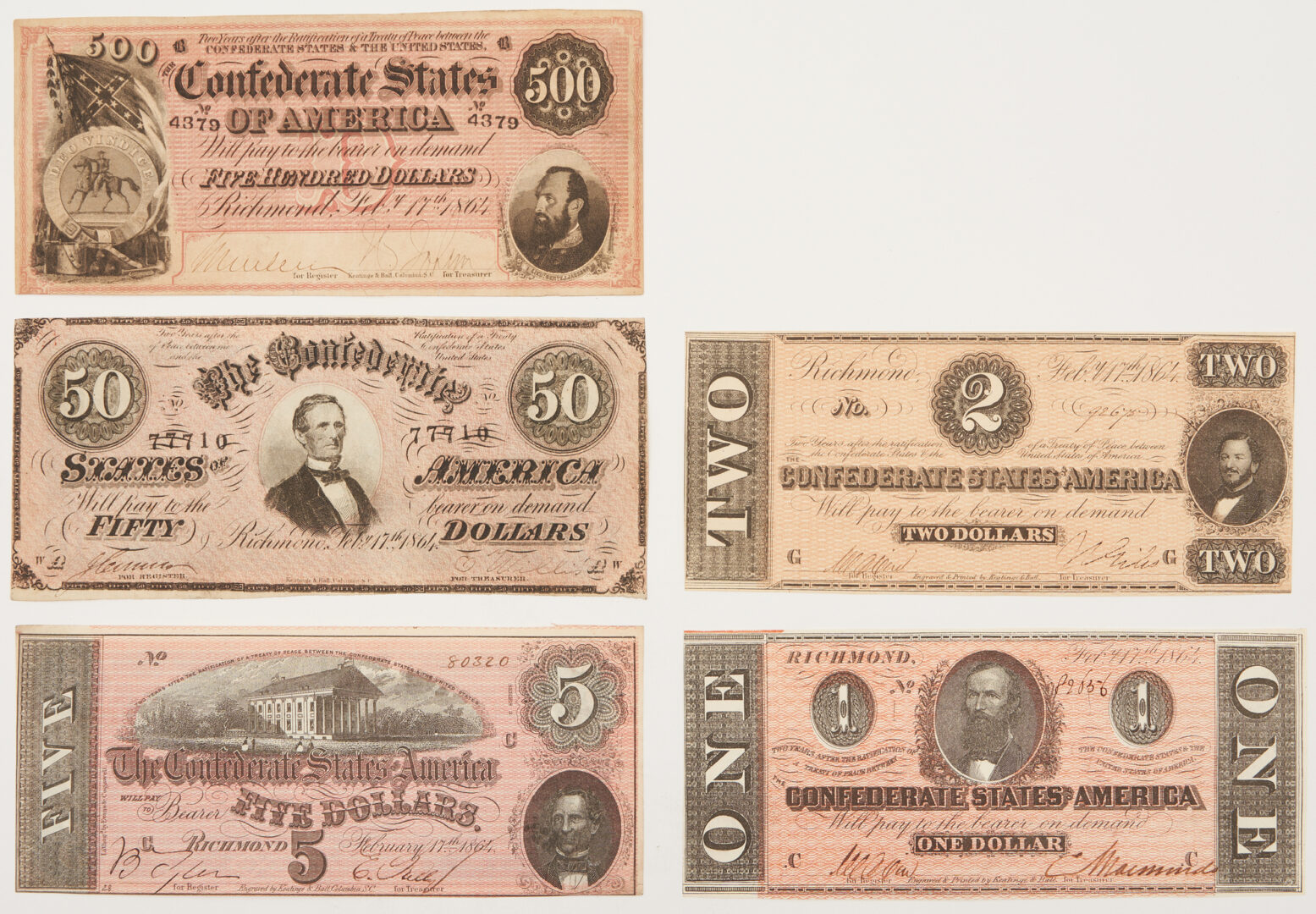 Lot 657: 5 CSA 1864 Currency Notes, incl. $500 Stonewall Note, $50 J. Davis Note