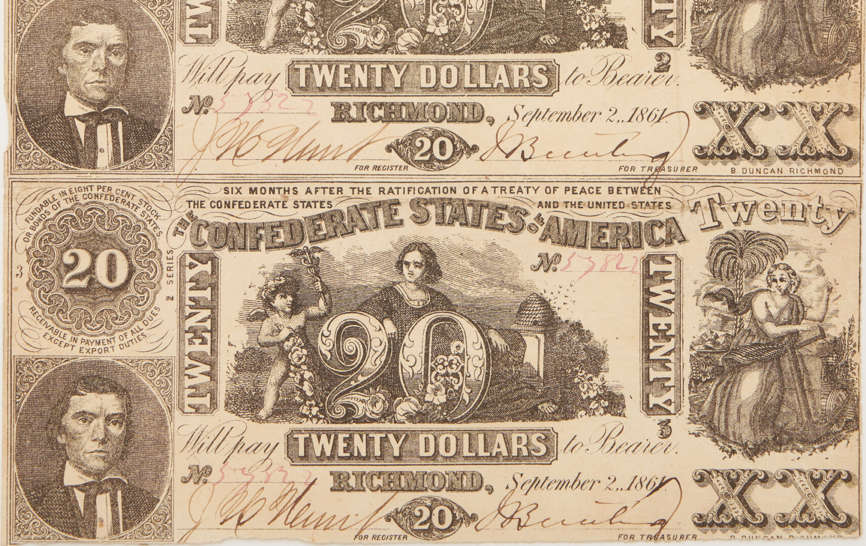 Lot 661: Uncut Sheet of 3 $20 CSA 1861 Notes