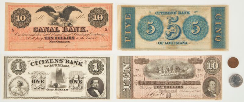 Lot 662: 5 19th Cent. Obsolete Currency, incl. 3 LA Bank Notes, 2 Civil War Items