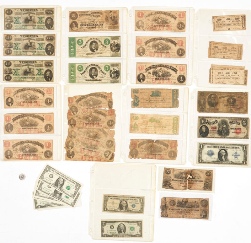 Lot 663: Grouping of Confederate Currency, Pre Civil War Obsolete Currency, U.S. Currency, 40 items