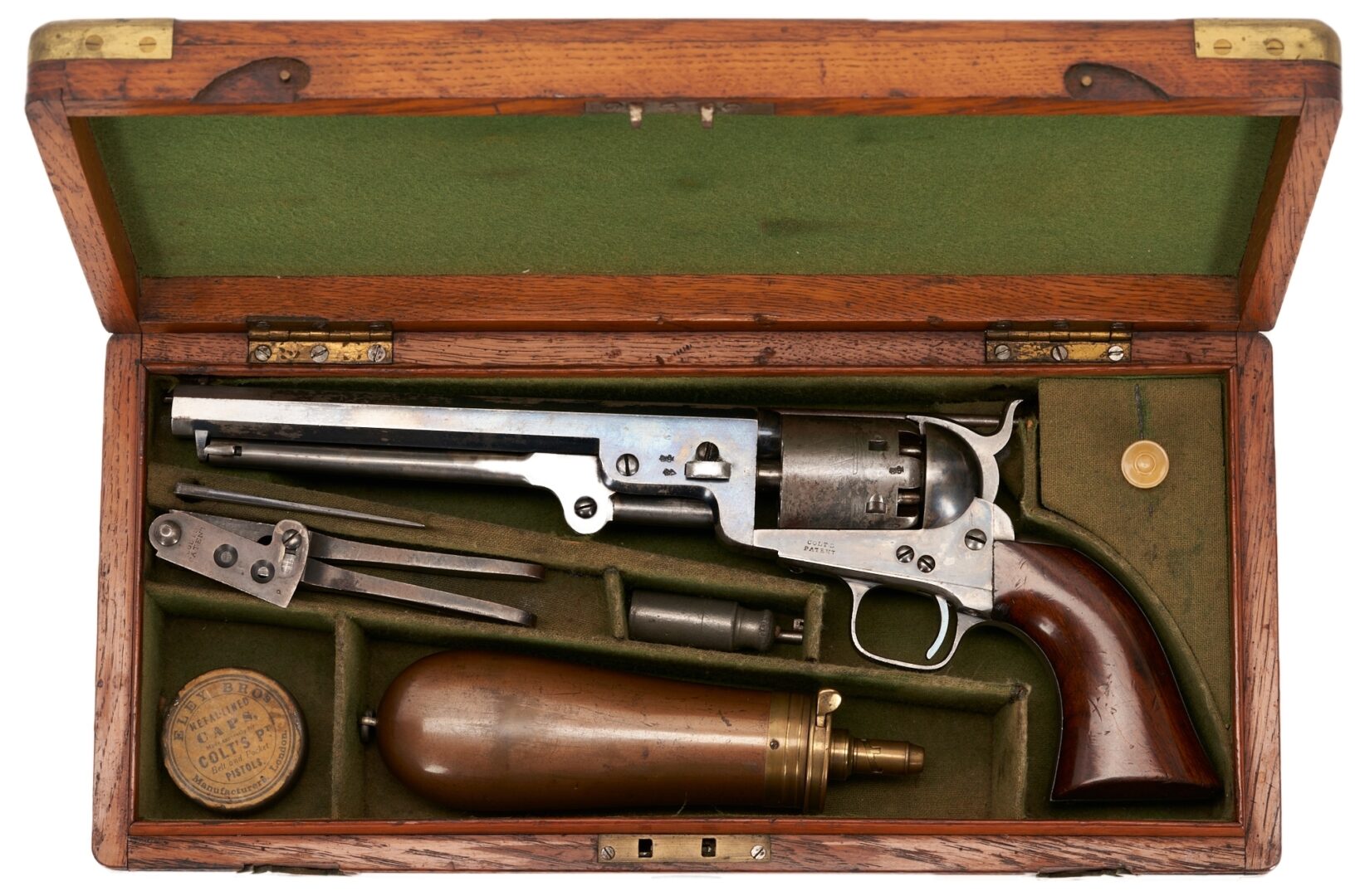 Lot 670: Colt 1851 London Navy Percussion Revolver w/ Oak Case, .36 cal., 4 items