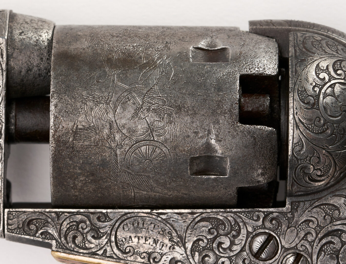 Lot 671: Gustave Young Factory Engraved Colt Model 1849 Pocket Revolver w/ Case, .31 cal., 3 items
