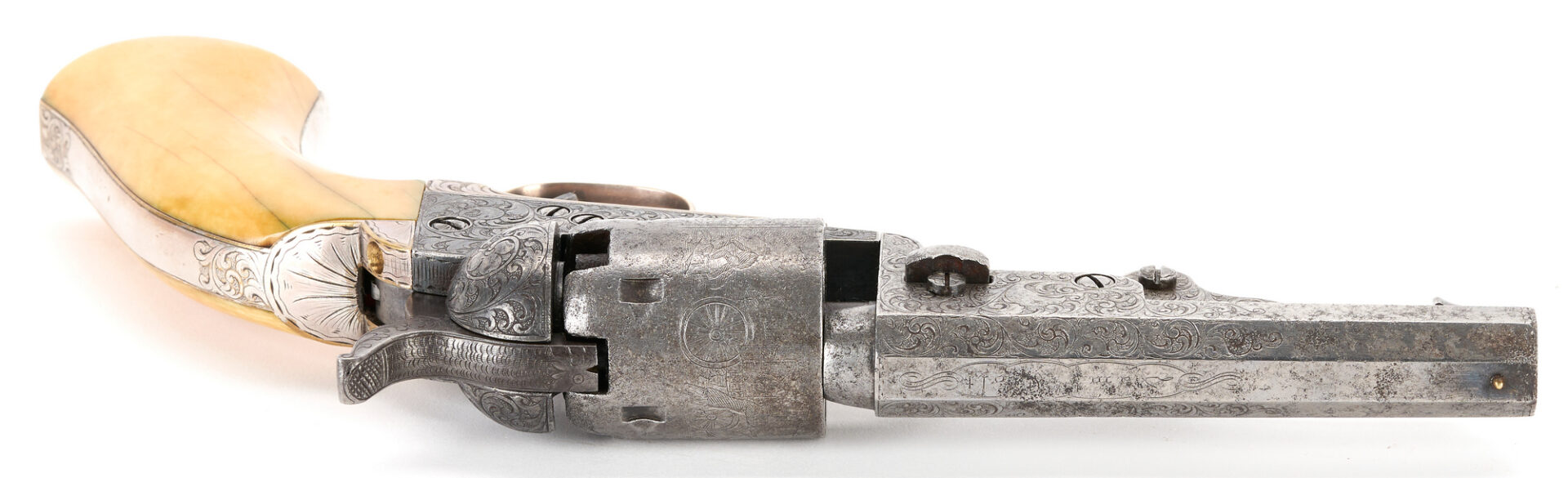 Lot 671: Gustave Young Factory Engraved Colt Model 1849 Pocket Revolver w/ Case, .31 cal., 3 items