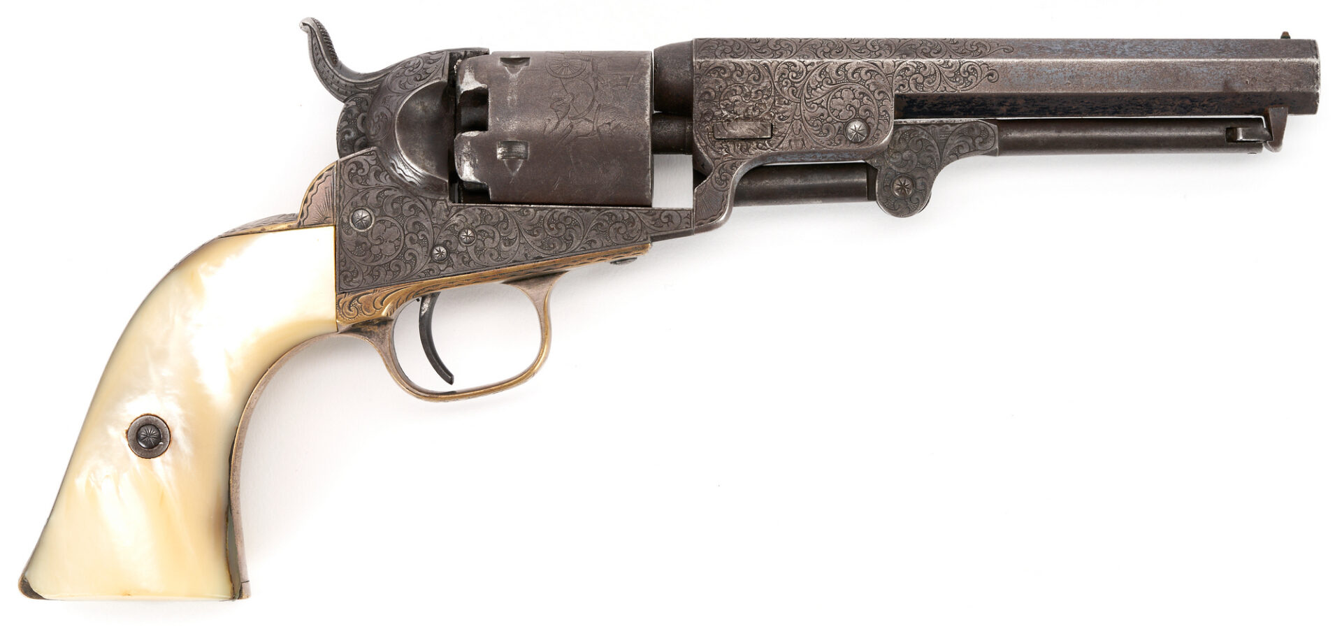 Lot 672: Factory Engraved Colt Model 1849 Revolver w/ Mother of Pearl Grips, .31 cal.