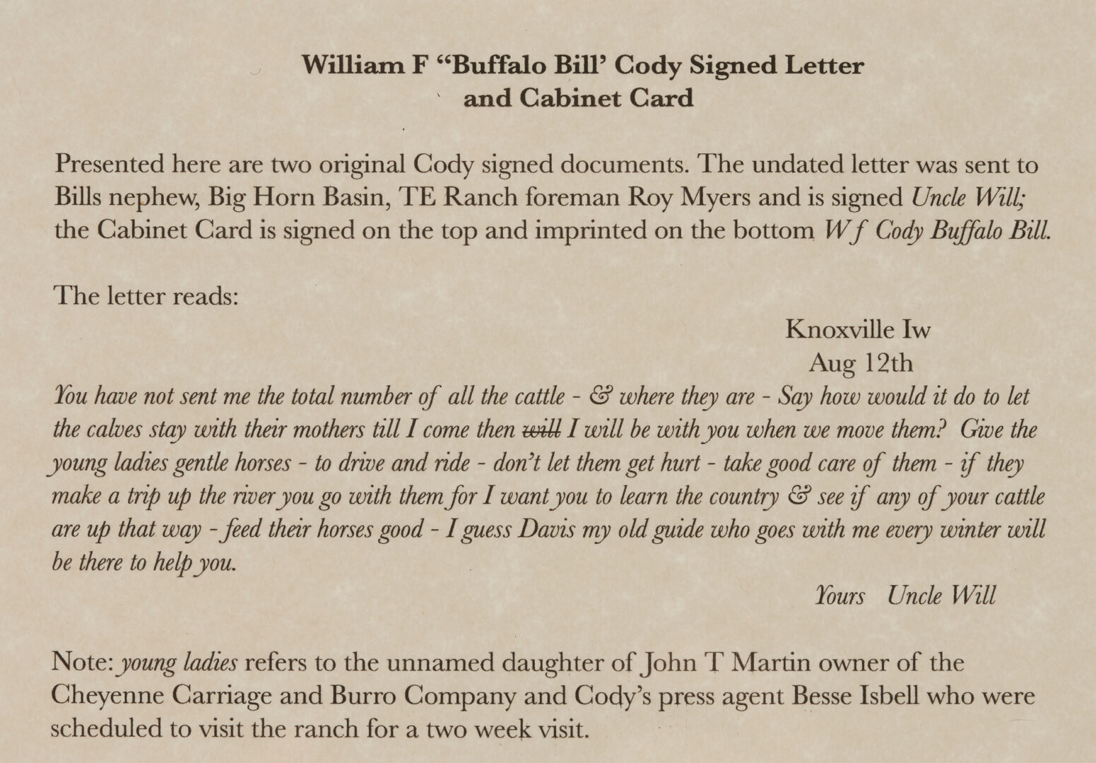 Lot 690: 2 Framed & Signed Buffalo Bill Cody Items, incl. Letter, Cabinet Card