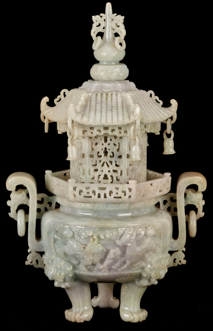 Lot 6: Chinese Celadon-Lavender Jade Archaistic Censer, Pagoda Cover