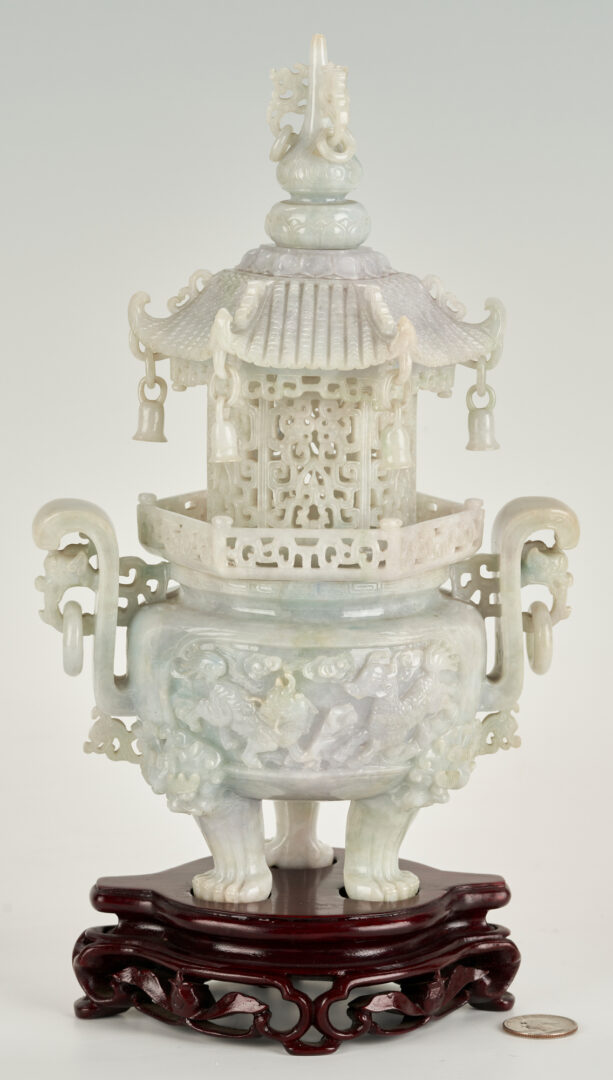 Lot 6: Chinese Celadon-Lavender Jade Archaistic Censer, Pagoda Cover